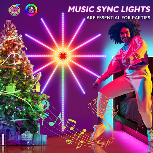 Lumières de feu d'artifice bande LED synchronisation sonore avec musique changement de couleur télécommande lumière de feu d'artifice pour fête en chambre