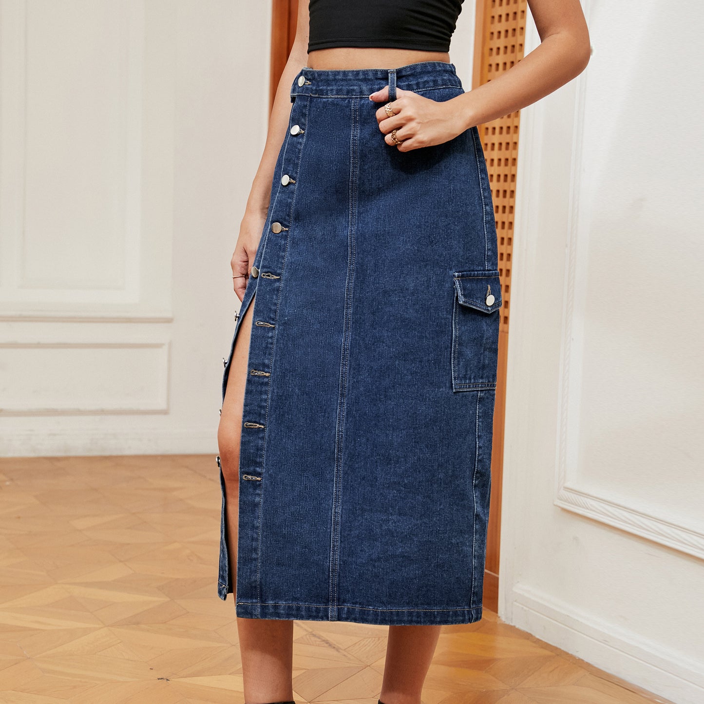 Pantalon cargo en denim élastique mi-long pour filles européennes et américaines