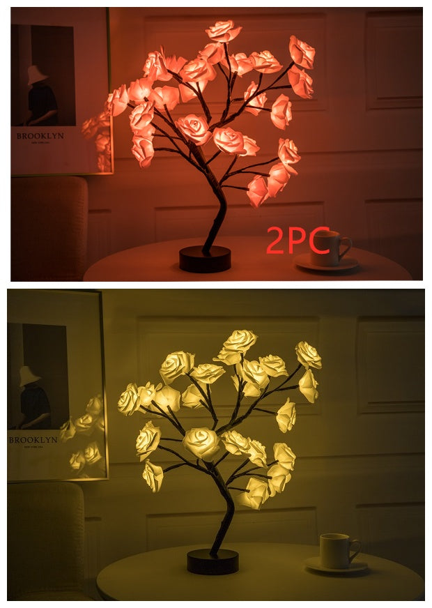 Lampe de table LED à piles USB en forme de fleur de rose, guirlande lumineuse pour arbre bonsaï, décoration de chambre à coucher, décoration d'intérieur