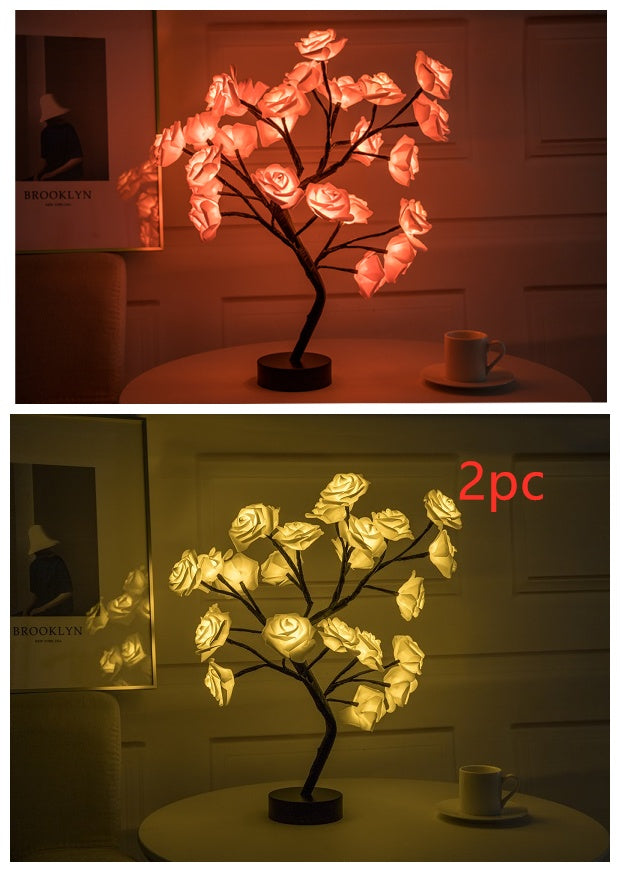 Lampe de table LED à piles USB en forme de fleur de rose, guirlande lumineuse pour arbre bonsaï, décoration de chambre à coucher, décoration d'intérieur