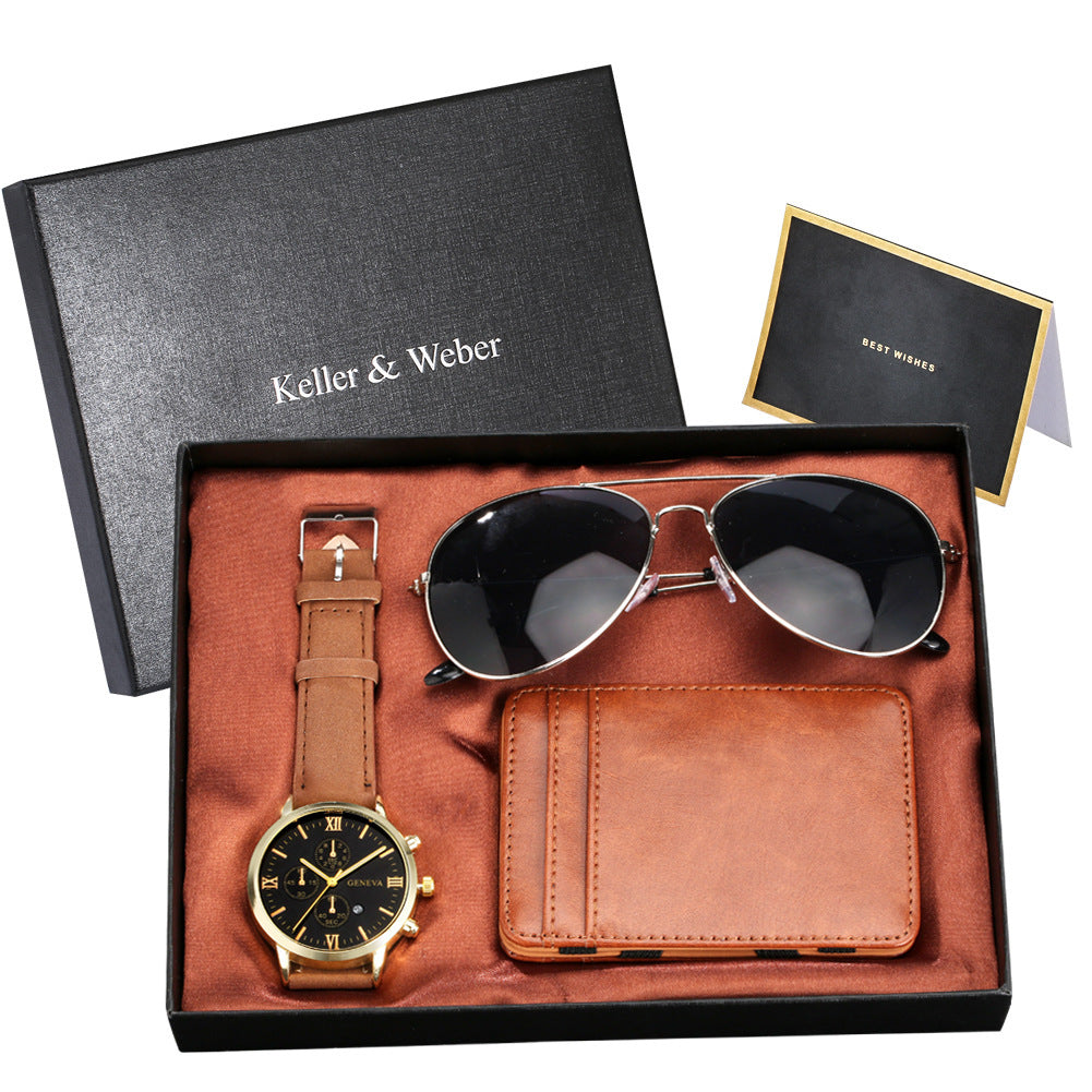 Coffret cadeau montre à quartz pour homme, lunettes, portefeuille, coffret cadeau