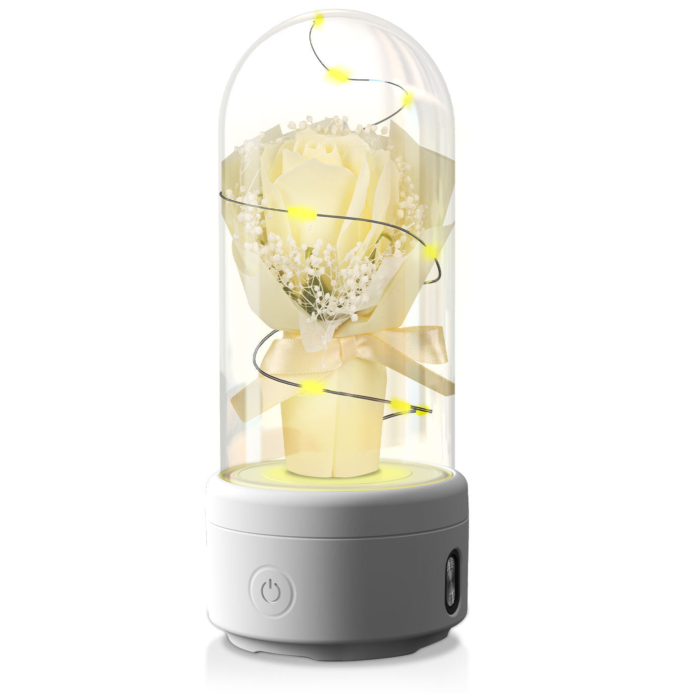 Bouquet créatif 2 en 1 avec lumière LED et haut-parleur compatible Bluetooth, cadeau de fête des mères, veilleuse lumineuse en forme de rose, ornement dans un couvercle en verre