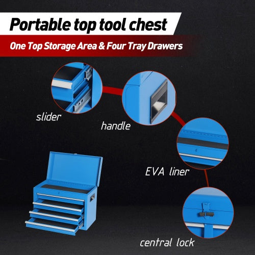 Coffre à outils, armoire de rangement à roulettes à 5 tiroirs avec plateau amovible, doublure, roulettes verrouillables universelles, étagère réglable, mécanisme de verrouillage, chariot à outils en métal pour garage et atelier