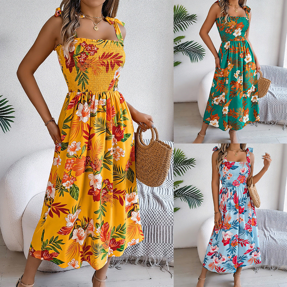 Robe corset à bretelles imprimée de fleurs, mode, vacances, plage, longues robes, vêtements d'été pour femmes.