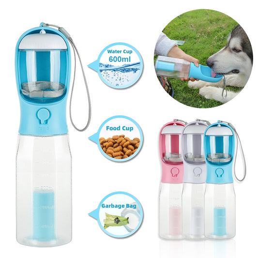 Bouteille d'eau pour chien et chat portable, distributeur de nourriture et d'eau, distributeur de déjections 3 en 1, bouteille d'eau pour chien étanche et multifonctionnelle, produits pour animaux de compagnie.