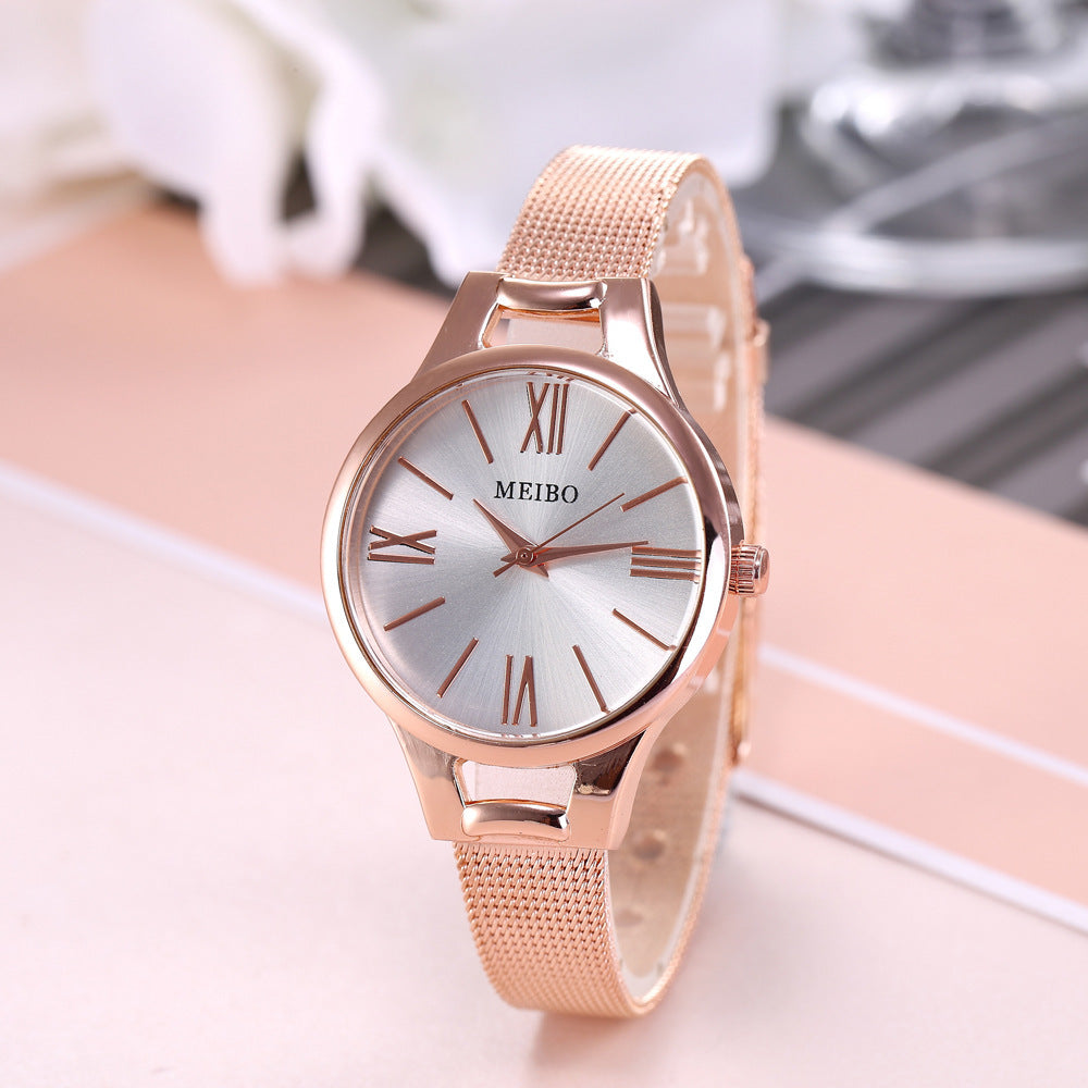 Montre-bracelet en acier inoxydable à boucle ardillon en verre rond en or rose pour femme