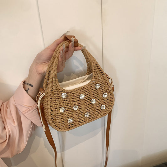 Sac tissé pour femme, sac messager portable à bandoulière avec strass