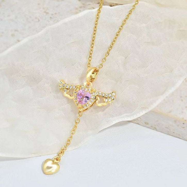 Collier à breloques avec ailes d'ange en forme de cœur de Cupidon et chaîne en cristal pour femmes, cadeau de bijoux pour la Saint-Valentin.