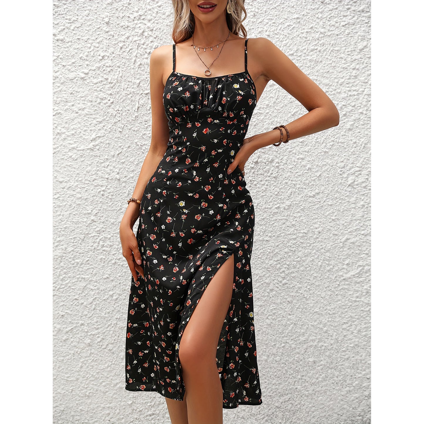 Nouvelle robe à bretelles à imprimé pois, robe longue fendue sexy d'été pour vêtements pour femmes