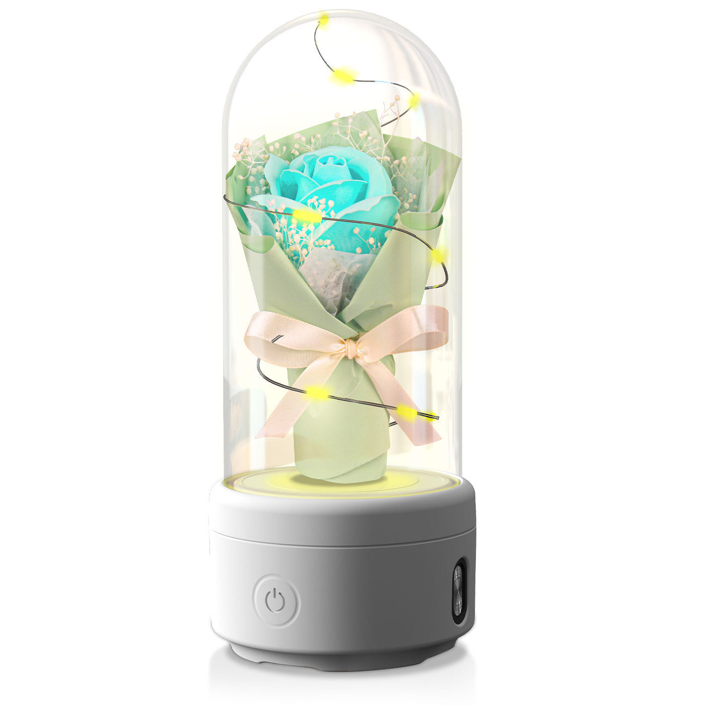 Bouquet créatif 2 en 1 avec lumière LED et haut-parleur compatible Bluetooth, cadeau de fête des mères, veilleuse lumineuse en forme de rose, ornement dans un couvercle en verre