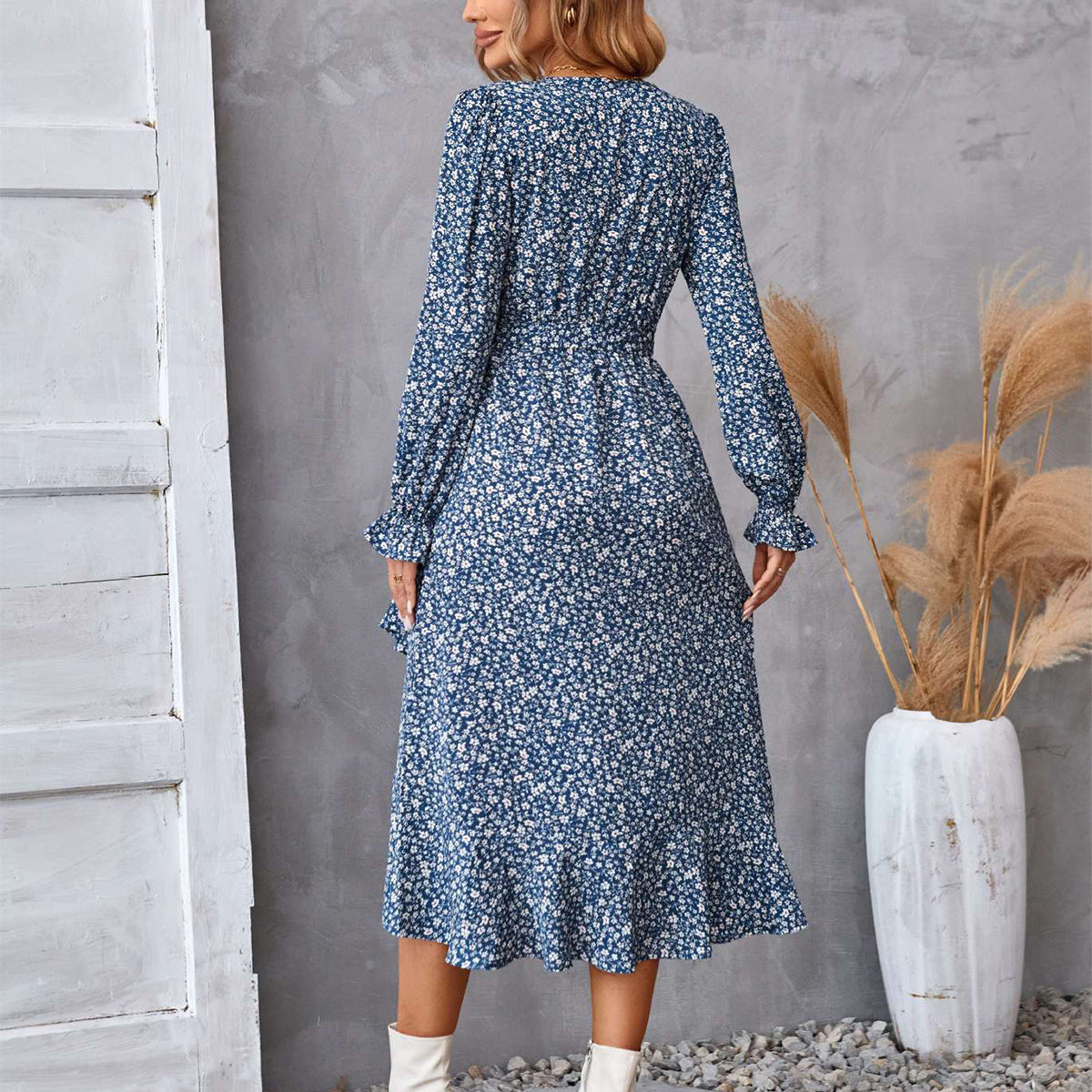 Robe à manches longues imprimée de fleurs, mode, avec volants, pour un style de vie élégant, vêtements pour femmes.