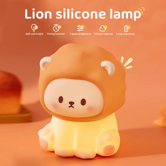 Veilleuse en forme de lion mignonne rechargeable à 3 niveaux d'intensité variable en silicone pour chambre à coucher