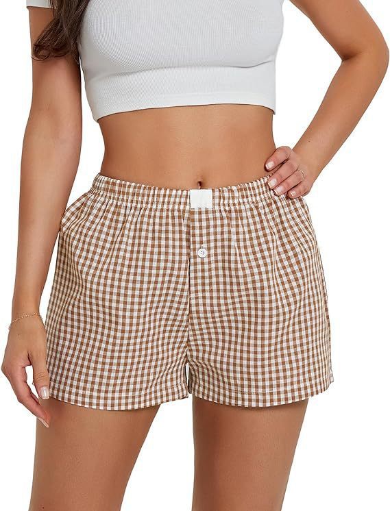 Short de plage à carreaux simple pour femme, pantalon ample et décontracté