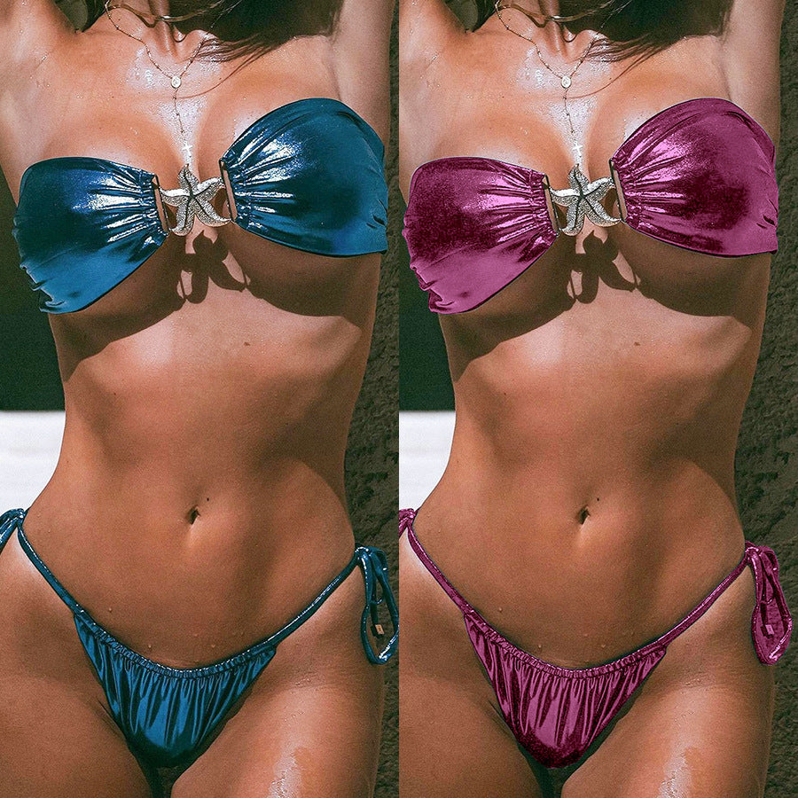 Bikini tube top fendu bleu brillant étoile de mer dorée pour femmes