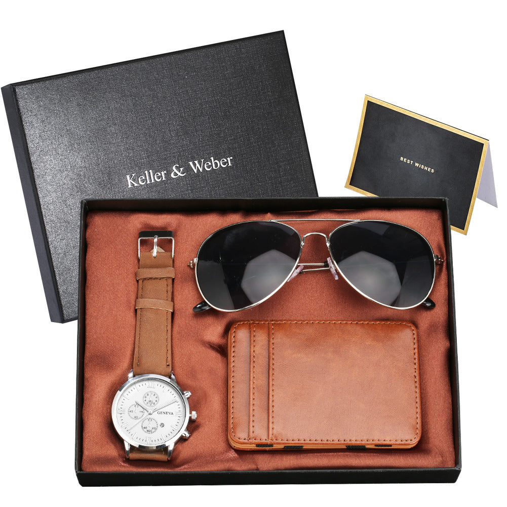 Coffret cadeau montre à quartz pour homme, lunettes, portefeuille, coffret cadeau