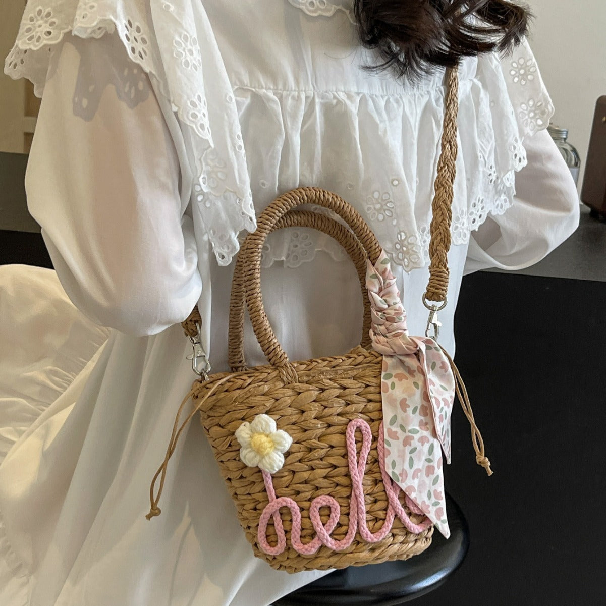 Sac à main tissé pour femme, sac à bandoulière en paille avec lettres tendance