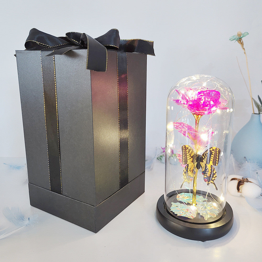 Cadeau de Saint-Valentin Rose éternelle Fleur en aluminium avec lumière LED dans un couvercle en verre Cadeaux de mariage pour la fête des mères Cadeau de demoiselle d'honneur