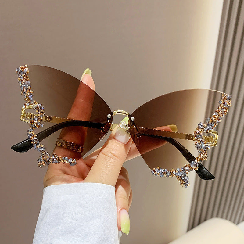 Lunettes de soleil papillon diamant de luxe pour femmes, marque Y2K, vintage, sans monture, surdimensionnées, lunettes de soleil pour dames