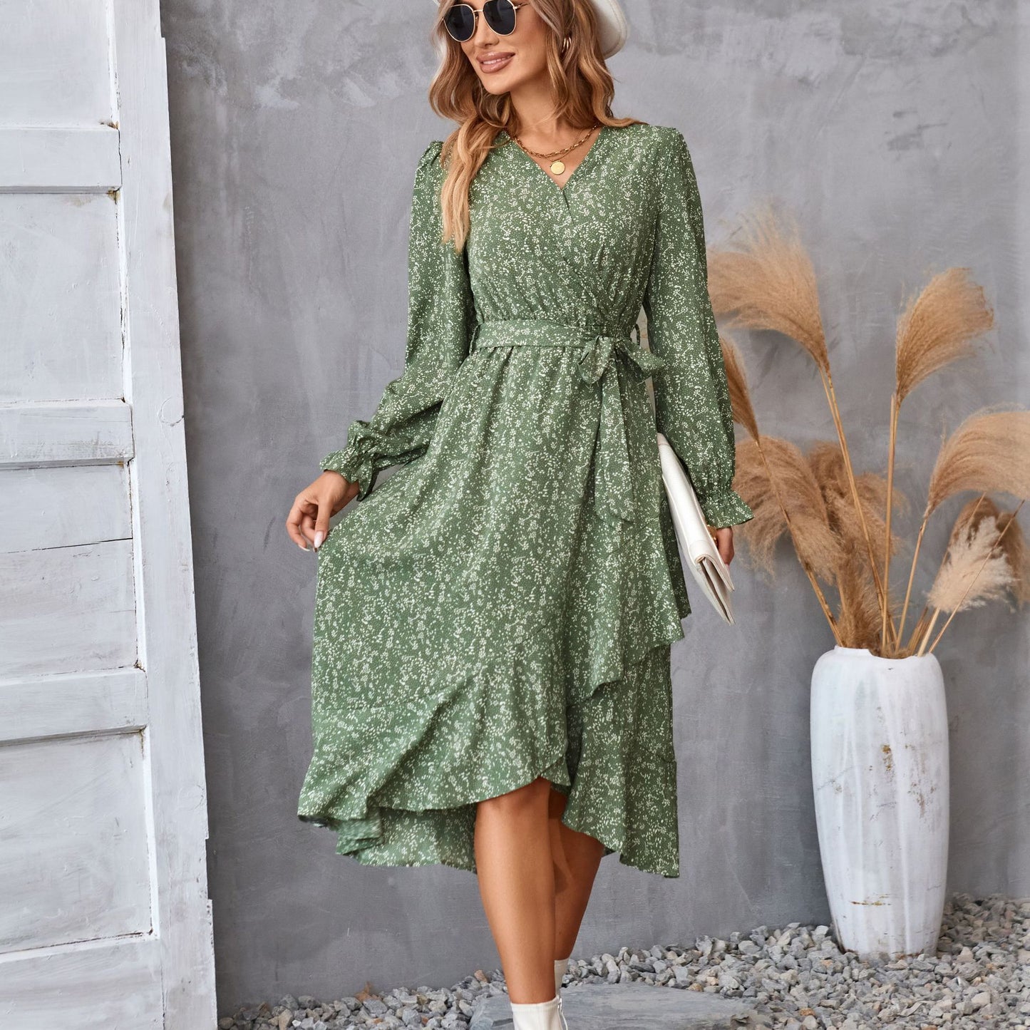 Robe à manches longues imprimée de fleurs, mode, avec volants, pour un style de vie élégant, vêtements pour femmes.