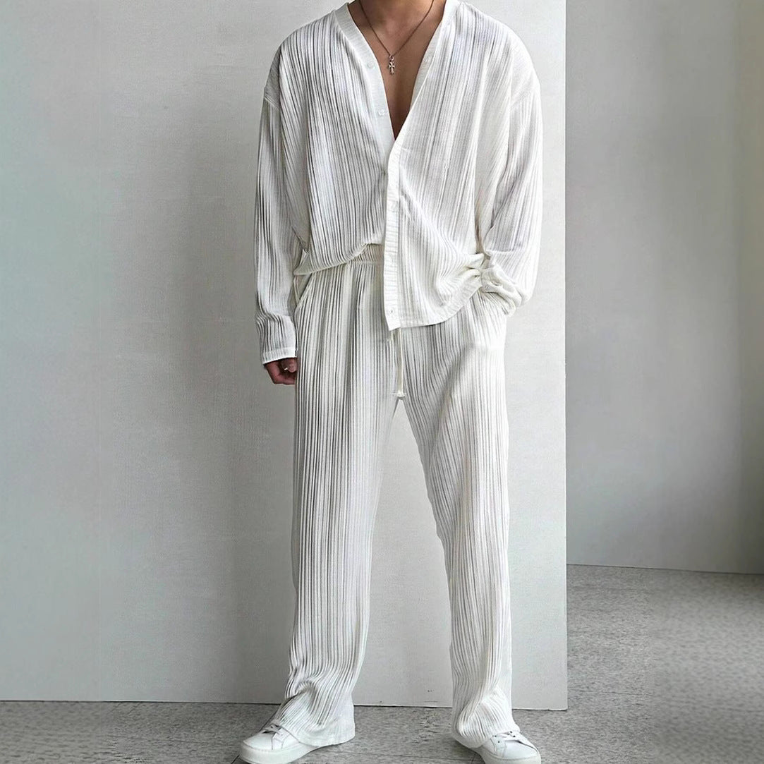 Costume décontracté pour homme avec chemise boutonnée et pantalon à manches longues