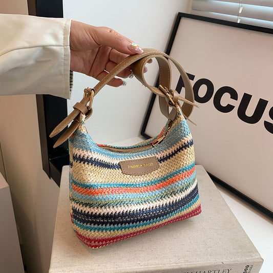 Sac tissé à contraste de couleurs tendance pour femme, sac à bandoulière simple