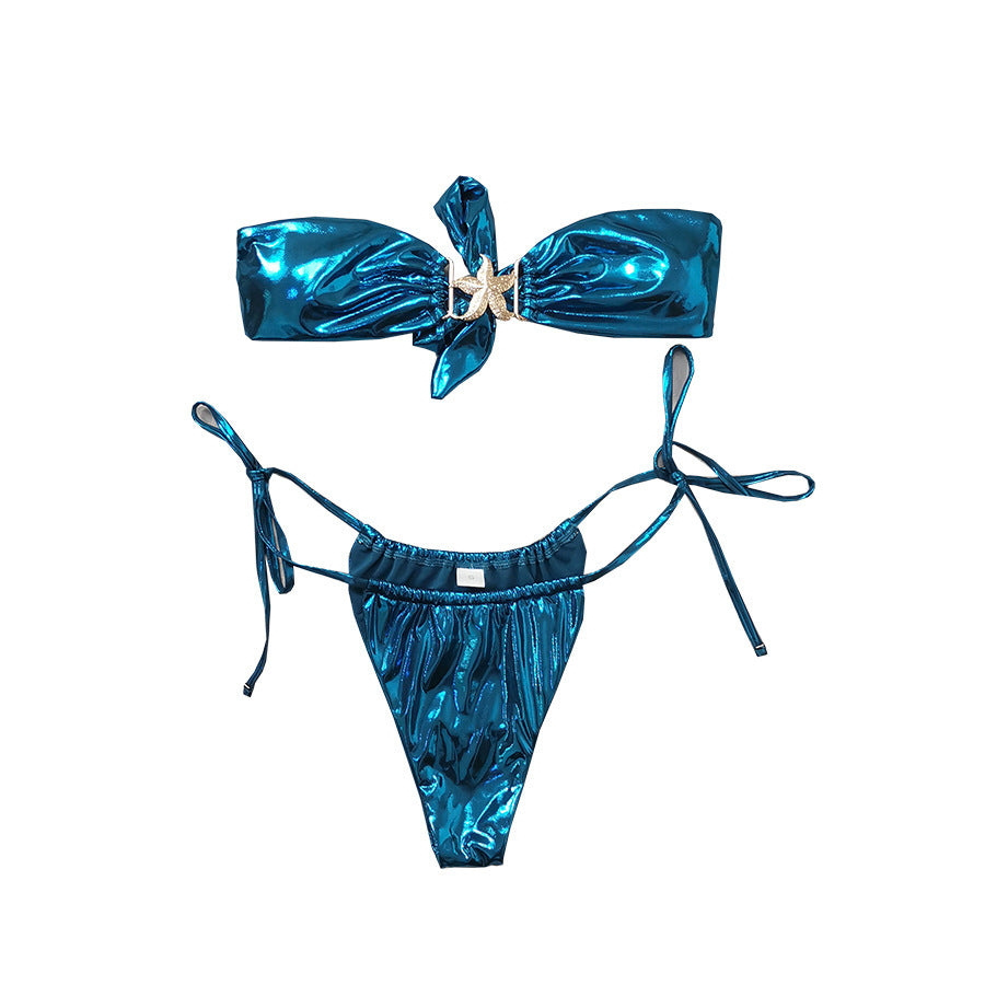 Bikini tube top fendu bleu brillant étoile de mer dorée pour femmes