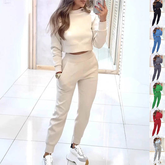 Stand collar sports jacket, long sleeve sweater, crop top and slim pants with pockets, solid outfits, women's clothing.