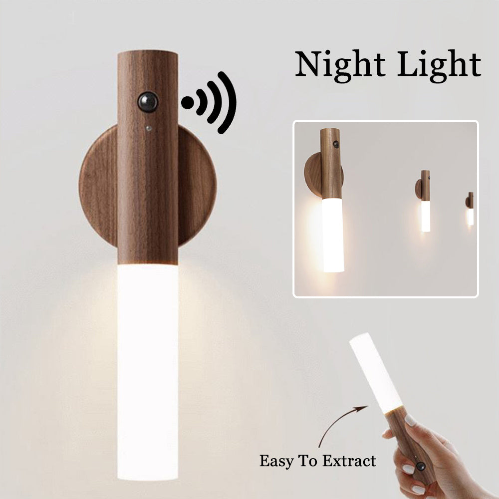 Lumière de nuit sans fil en bois magnétique USB LED pour couloirs, lumières de porche, lampe murale avec capteur de mouvement PIR, lampe de cabinet.