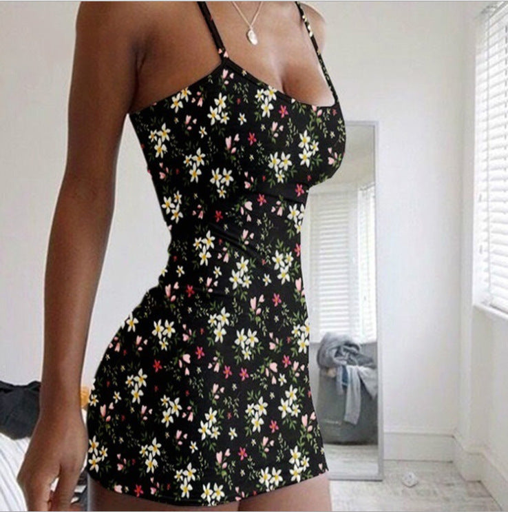 Robe florale slim sexy à bretelles en platine