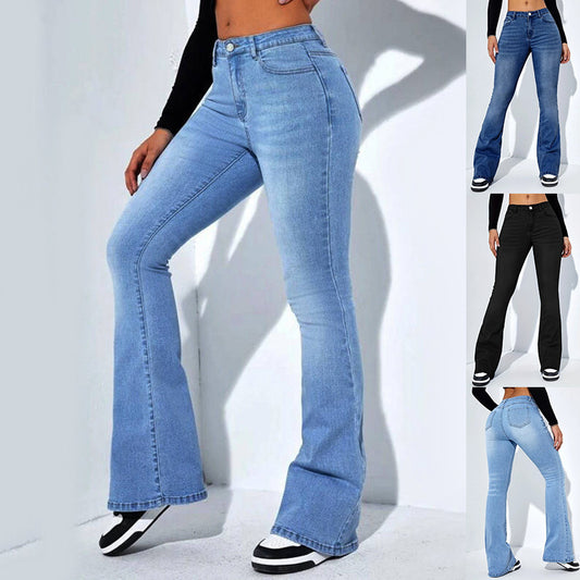 Women's slim fit denim pants with flare design, casual fashion, high waist, stretchy trousers.