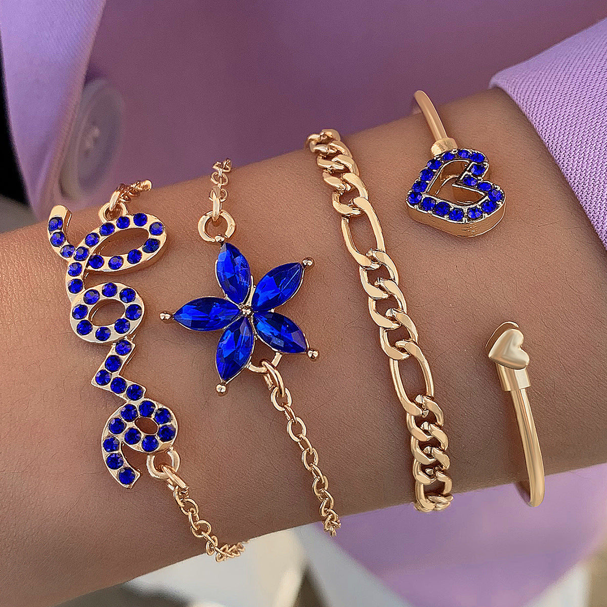 Lot de 4 bracelets papillons et fleurs bleues avec strass pour la Saint-Valentin