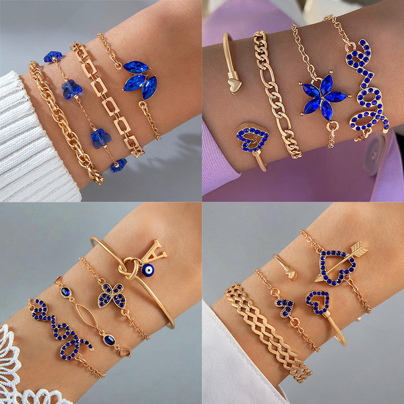 Lot de 4 bracelets papillons et fleurs bleues avec strass pour la Saint-Valentin