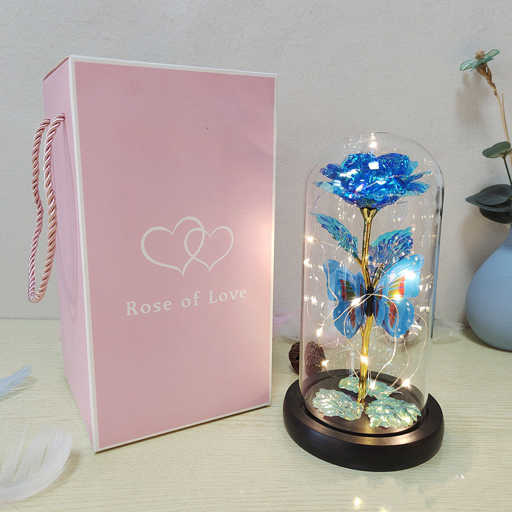 Cadeau de Saint-Valentin Rose éternelle Fleur en aluminium avec lumière LED dans un couvercle en verre Cadeaux de mariage pour la fête des mères Cadeau de demoiselle d'honneur