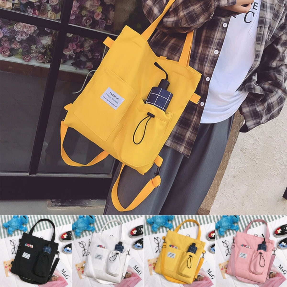 Sacs en toile Harajuku pour étudiants, sac à main avec poches, sac à dos preppy, sac à bandoulière pour femmes