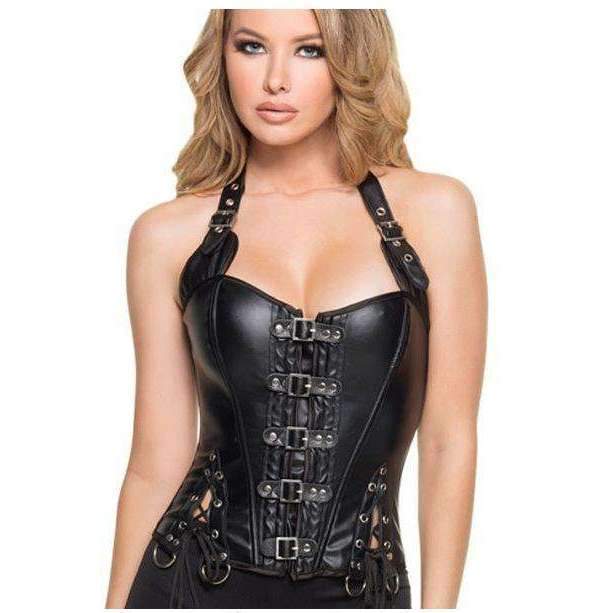 Corset sexy en simili cuir noir Steampunk