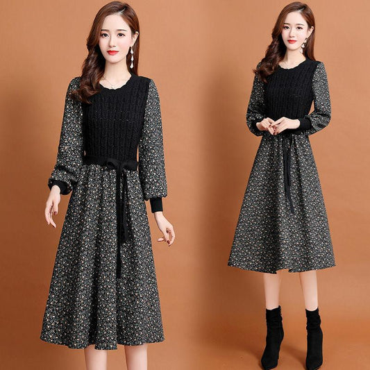 Women's Retro Floral Patchwork Long Sleeve Knitted Dress