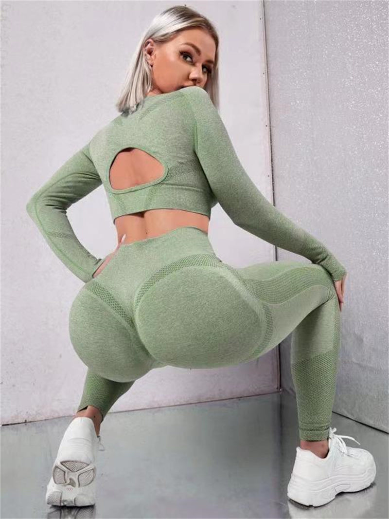 Ensembles de sport 2 pièces, hauts à manches longues avec design creux et leggings de fitness sans couture à taille haute pour le soulèvement des fesses, vêtements de sport pour la gym.