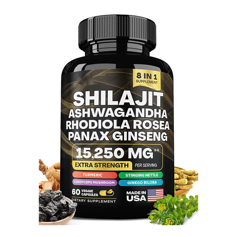 Shilajit Pure Himalayan 9000MG, Booster d'énergie Ashwagandha 2000MG, Rhodiola Rosea 999MG, Panax Ginseng 1500MG, Curcuma 500MG, Ginkgo Biloba 500MG, Ortie 250MG Champignon Cordyceps 500