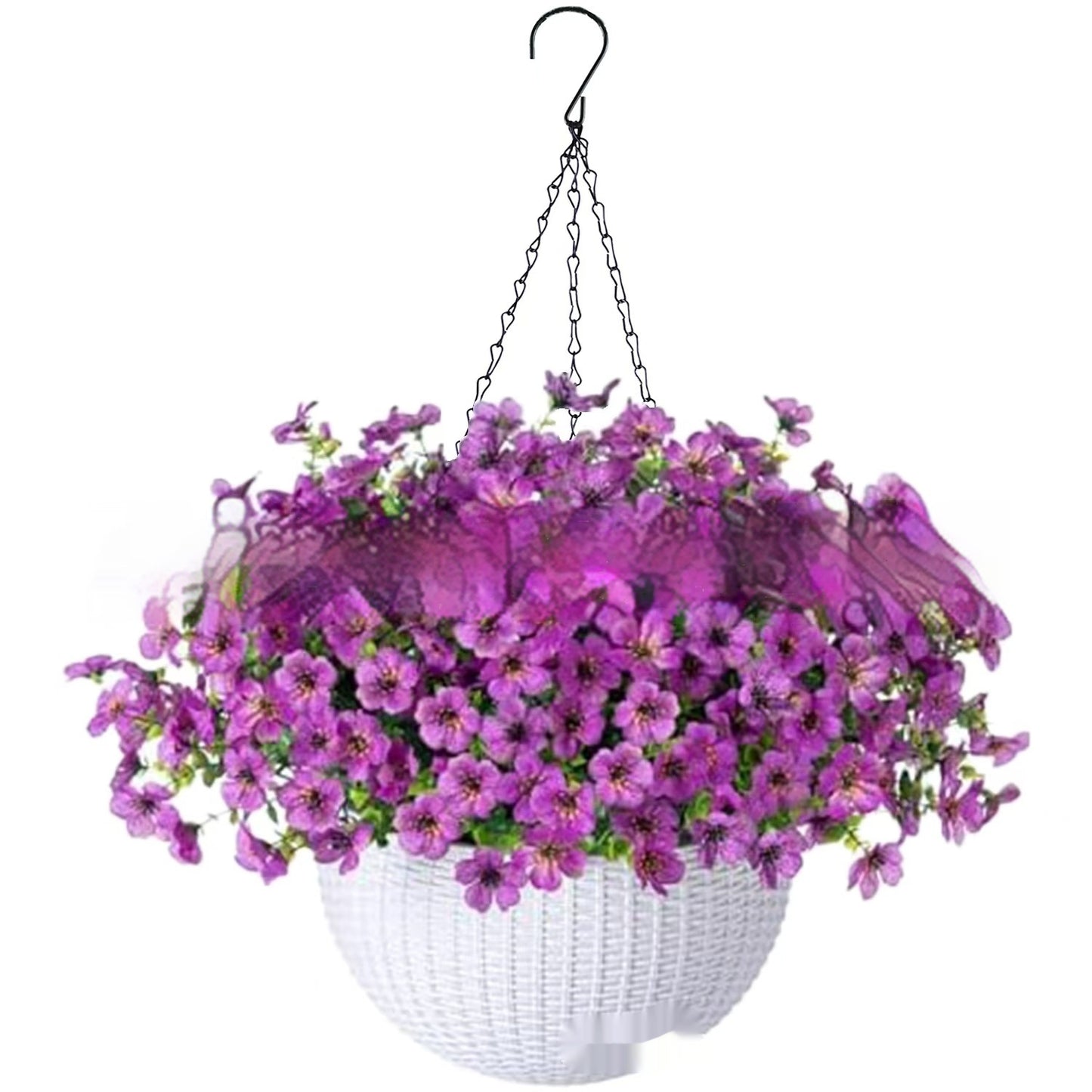 Panier suspendu rond en chlorophytum avec cadre en fer et décoration violette pour jardinage printanier