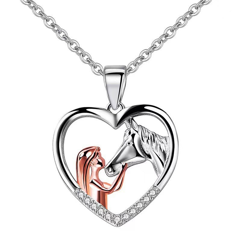 Collier cœur  de couleur fille et cheval collier clavicule élégant européen et américain pendentif cadeau de Saint Valentin