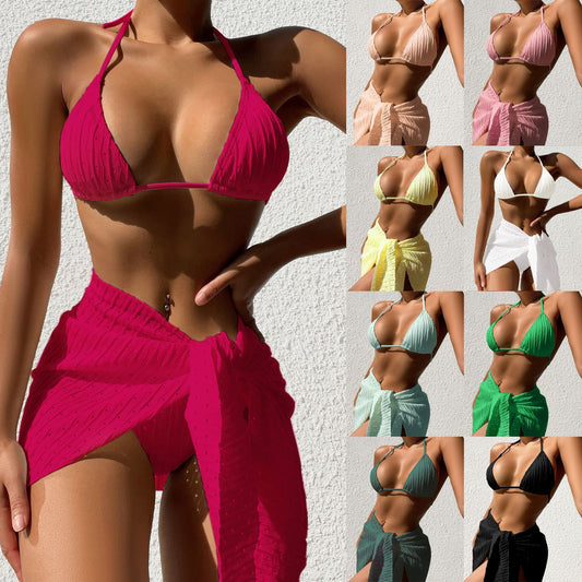 Maillot de bain dos nu 3 pièces pour femme, ensemble de plage, couleur unie, sexy, dos nu, avec jupe en maille, vêtements d'été