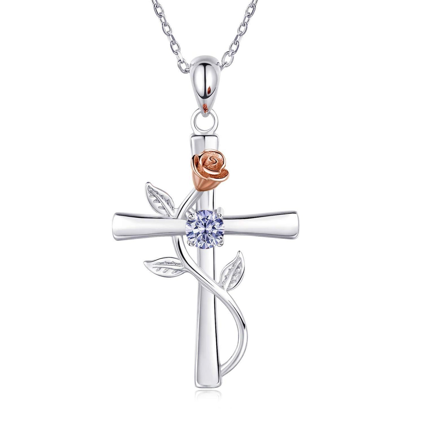 Collier en croix rose avec pendentif en pierres précieuses de mode, pierres de naissance de 12 mois, cadeau pour la Saint-Valentin ou un anniversaire.