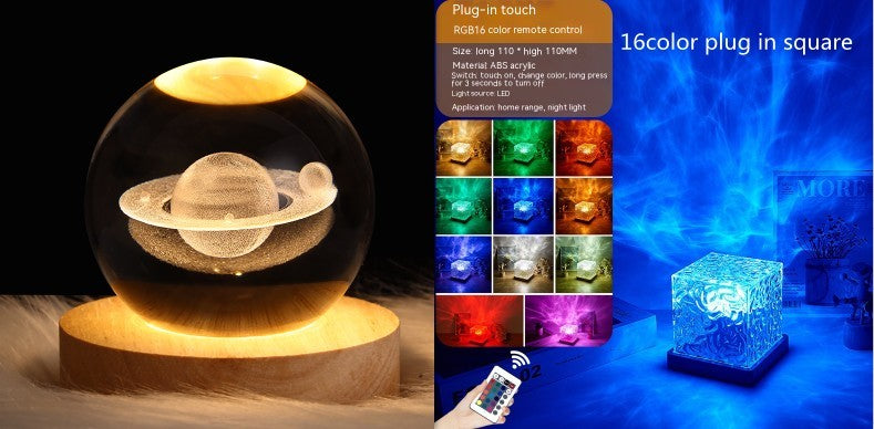 Lampe de table à projection cristalline rotative USB avec effet d'ondulation d'eau LED, lumière d'ambiance nocturne, décoration intérieure dimmable RGB, 16 couleurs, cadeaux.