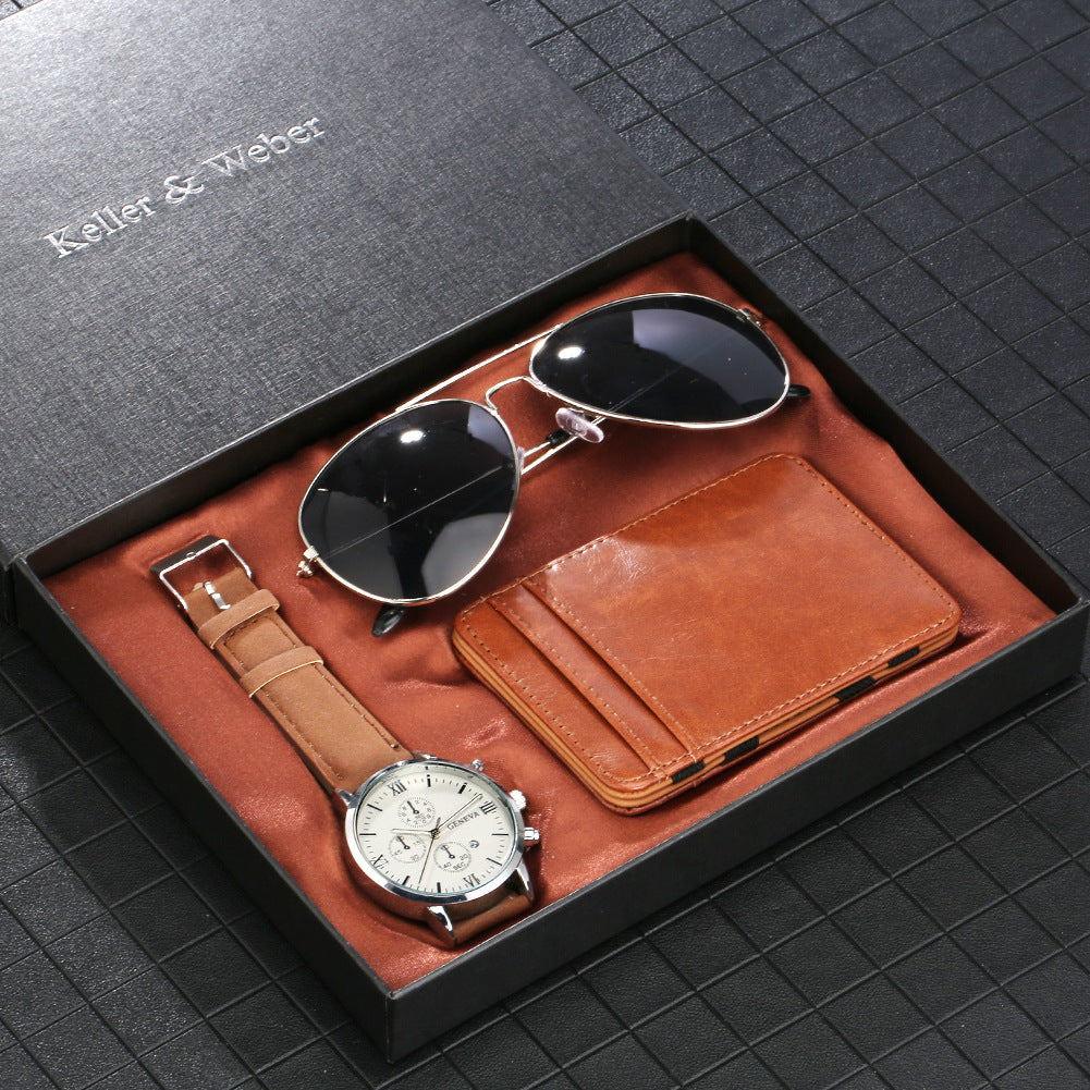 Coffret cadeau montre à quartz pour homme, lunettes, portefeuille, coffret cadeau