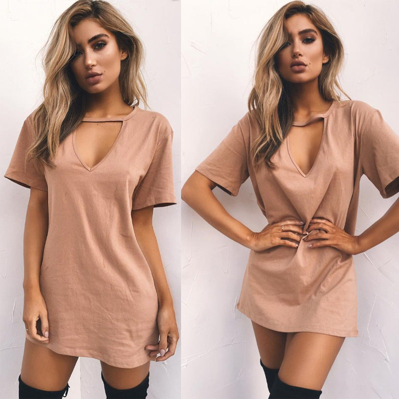 Europe et Amérique Sexy Deep V T-shirt à manches courtes Robe décontractée ample