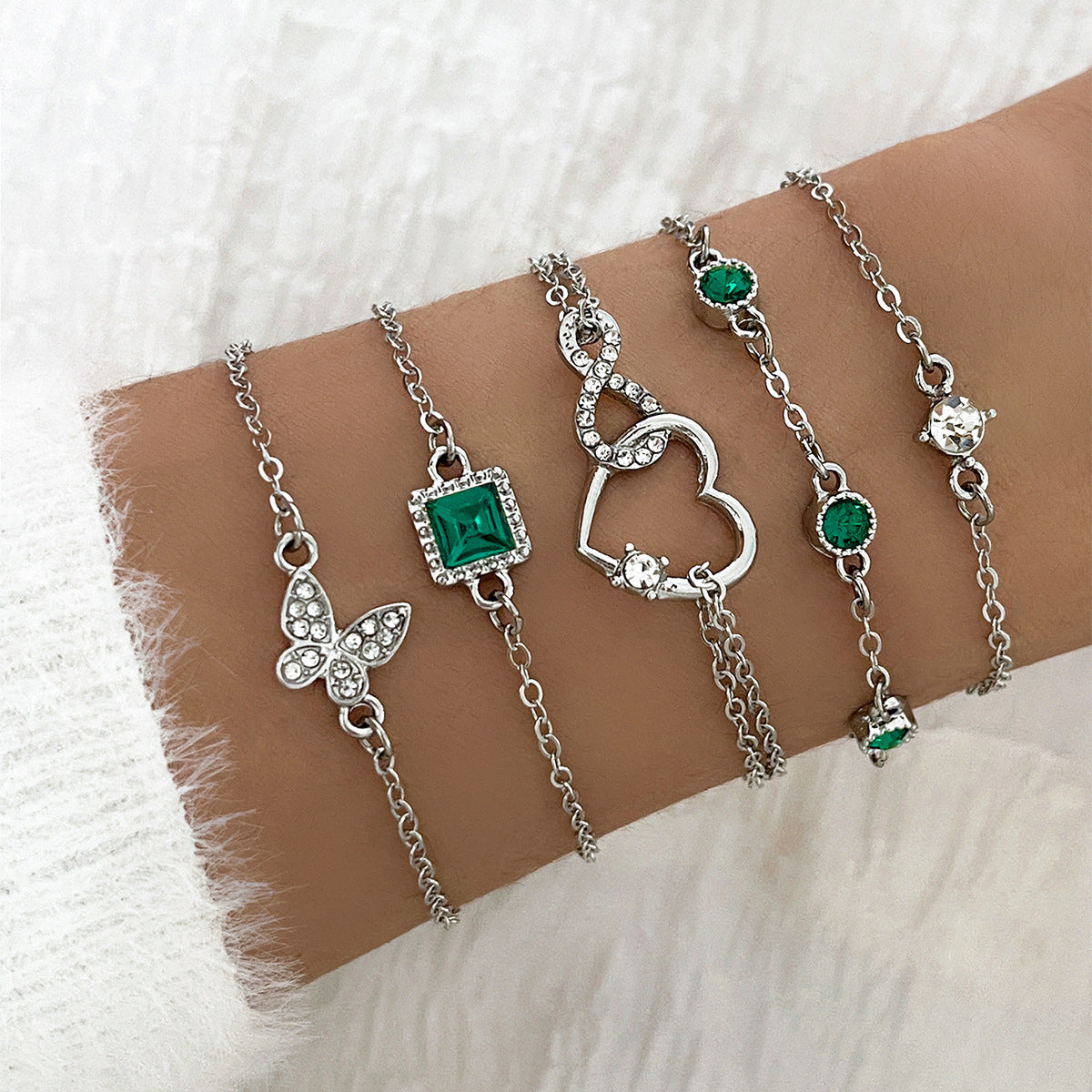 Ensemble de bijoux bohème 5 pièces en cristal vert pour femmes, bracelet en forme de cœur, bracelet de fiançailles, bijoux tendance