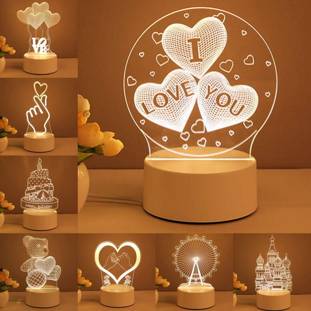 Lampe 3D en acrylique USB LED, veilleuse, panneau néon, décoration de Noël pour la maison, décoration de chambre, cadeaux de Saint-Valentin