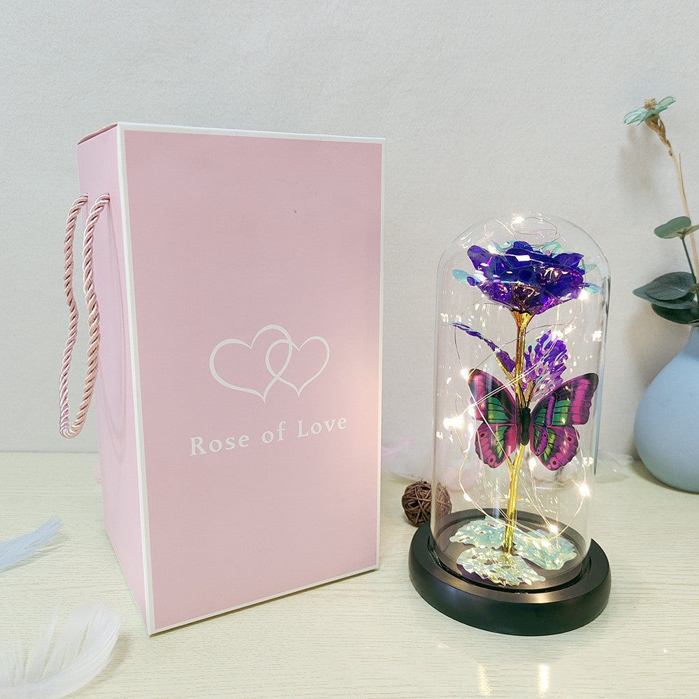 Cadeau de Saint-Valentin Rose éternelle Fleur en aluminium avec lumière LED dans un couvercle en verre Cadeaux de mariage pour la fête des mères Cadeau de demoiselle d'honneur