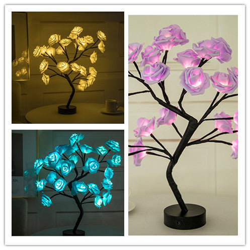 Lampe de table LED à piles USB en forme de fleur de rose, guirlande lumineuse pour arbre bonsaï, décoration de chambre à coucher, décoration d'intérieur