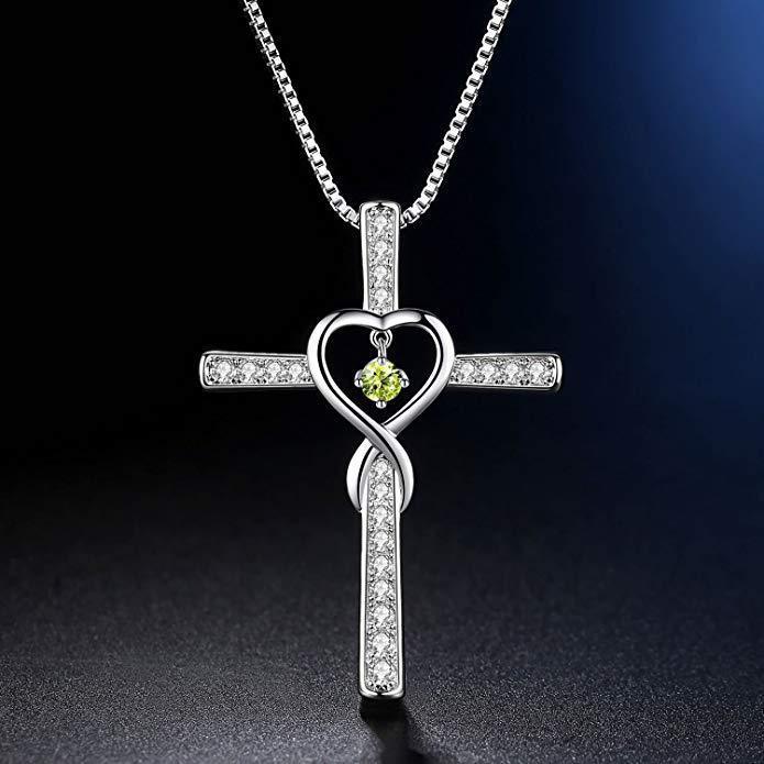 Collier avec pendentif en cristal et pierre de naissance en forme de croix chrétienne, amour infini, Dieu en qui nous avons confiance, pierres précieuses colorées, collier en forme de cœur en zircon, bijoux pour femmes